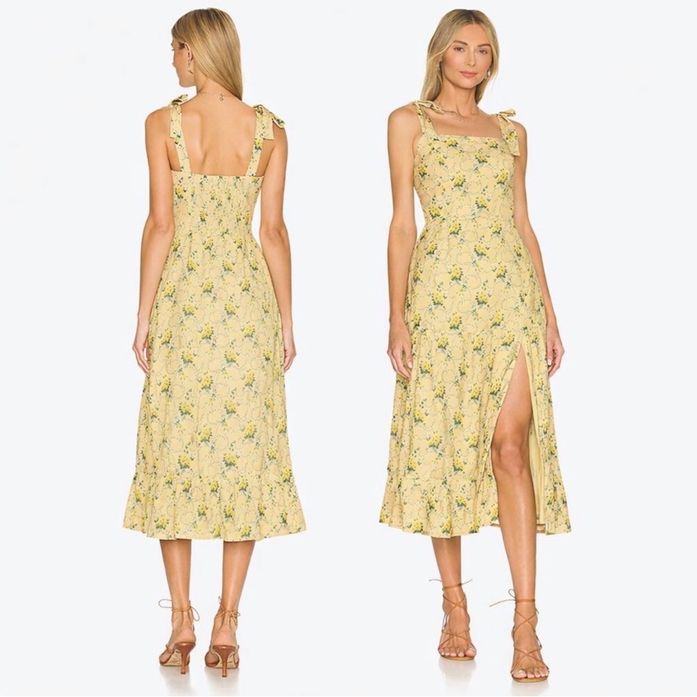 PAIGE Yellow Floral Tie-Shoulder Midi Dress with Side Slit